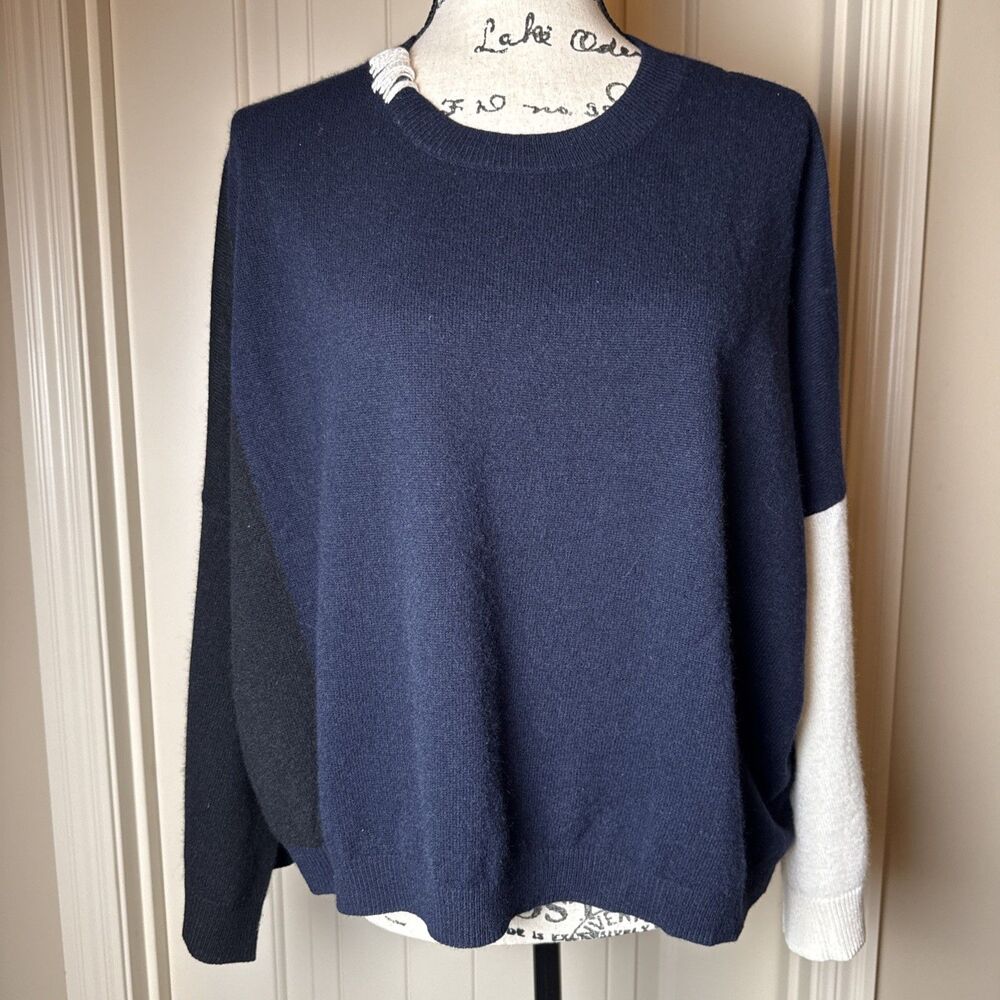 Parrish LA 100% Cashmere Boxy‎ Crop Sweater Navy Multi Sz M/L Minimalist (read)
